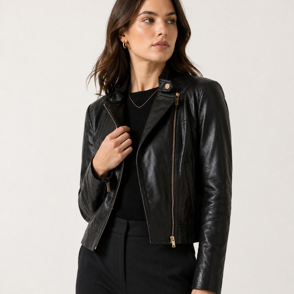 Michael Kors Black Lamb‎ Leather Moto Jacket Womens Medium Zip Minimalist Chic